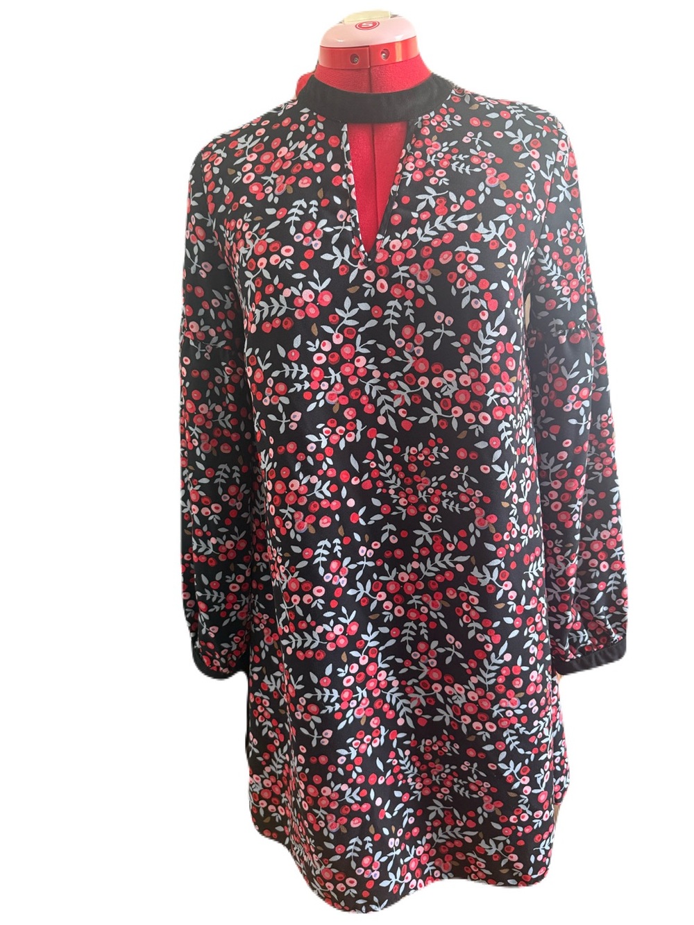 LOFT Black Floral Shift Dress with Red and Pink Berry Print, Velour Cuffs/Neck